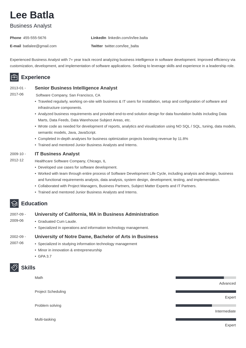 business analyst resume template newcast