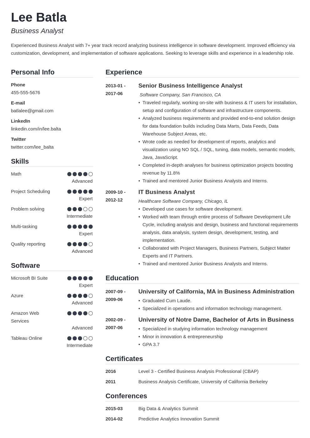 Business Analyst Resume Samples Summary Examples