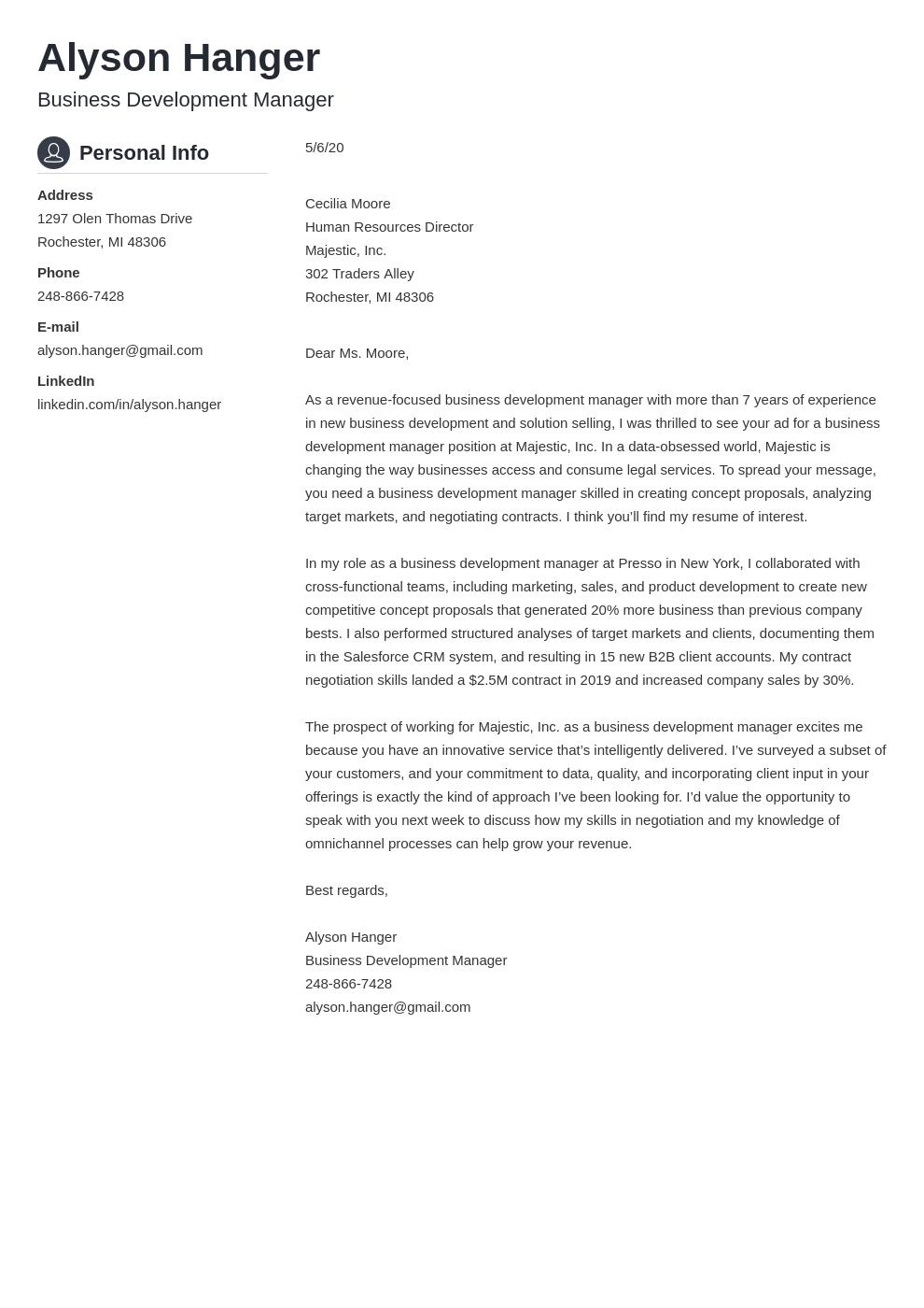 cover letter sample business development manager