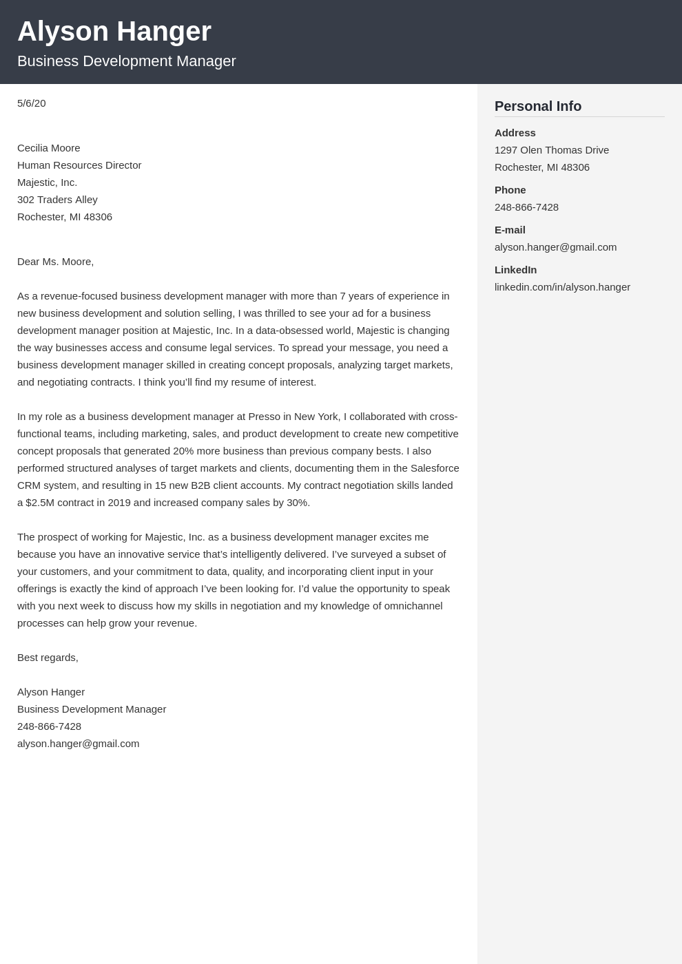 examples of cover letter for business development