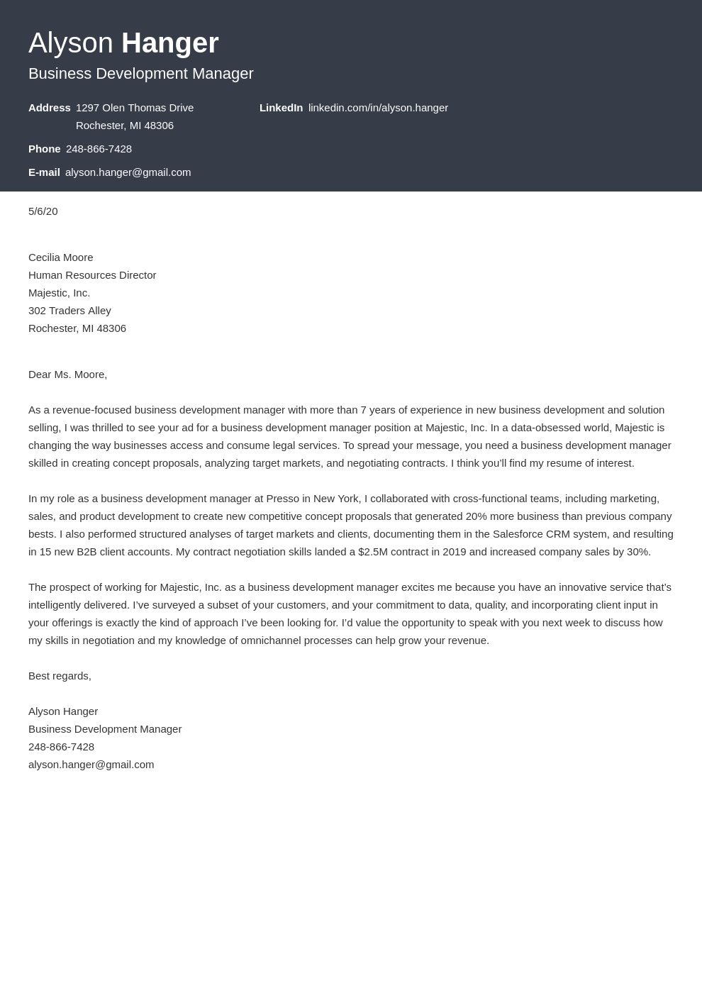 Business Development Cover Letter Examples Guide