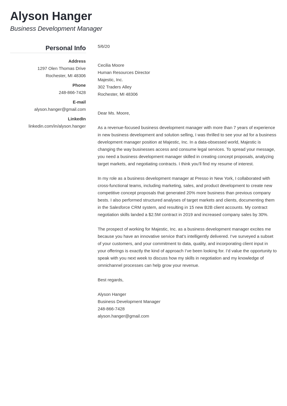 sample cover letter for a business development manager position