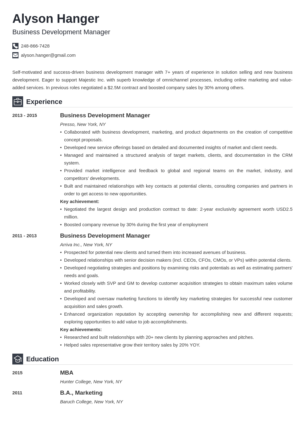 sample resume for a business development manager