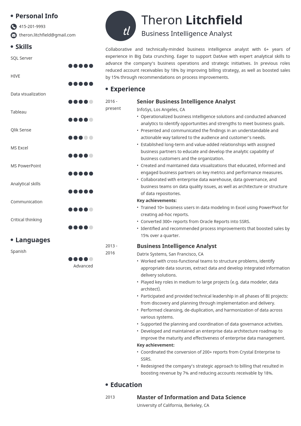 business intelligence resume example template initials