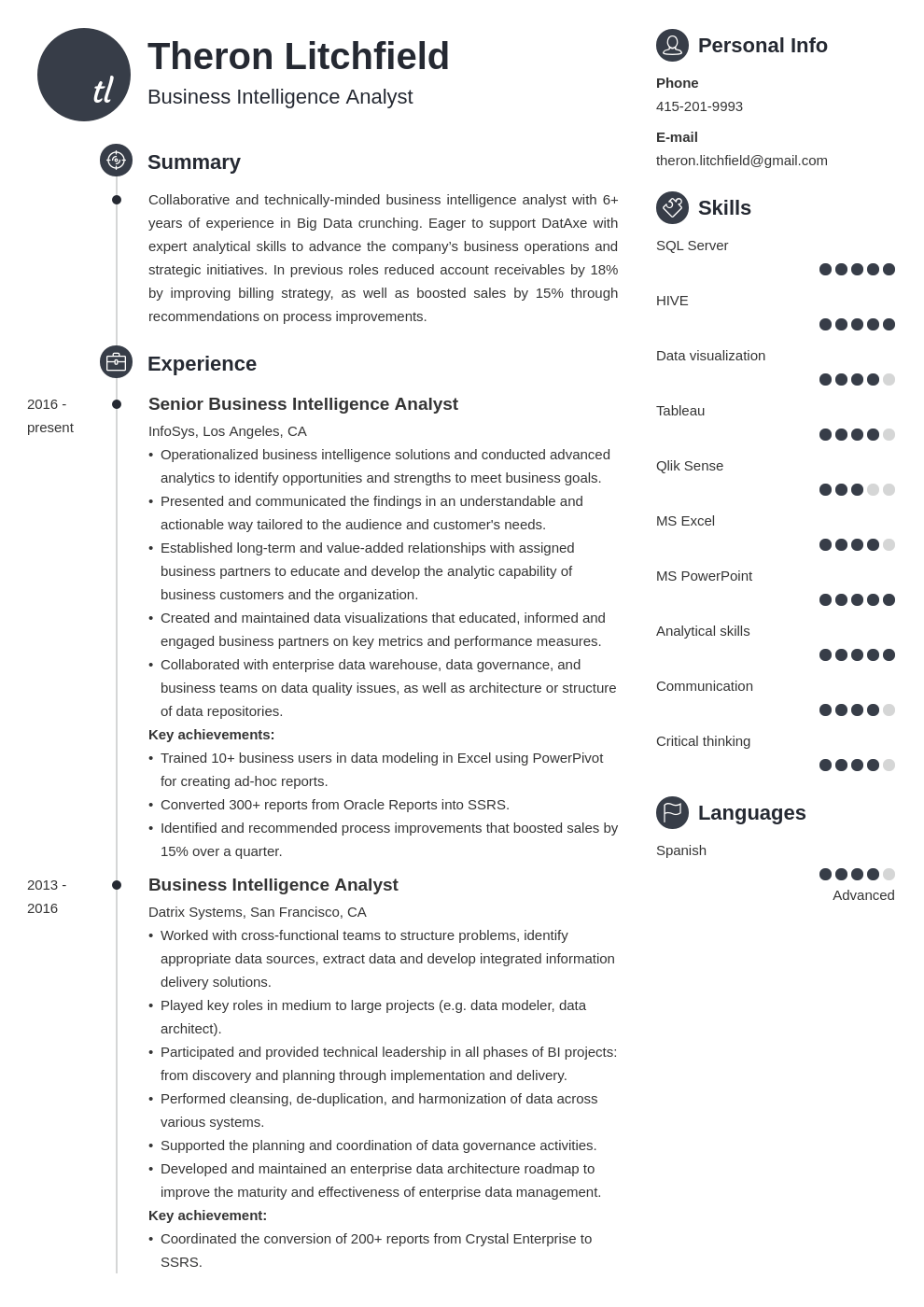 Business Intelligence (BI) Analyst Resume Sample 2020