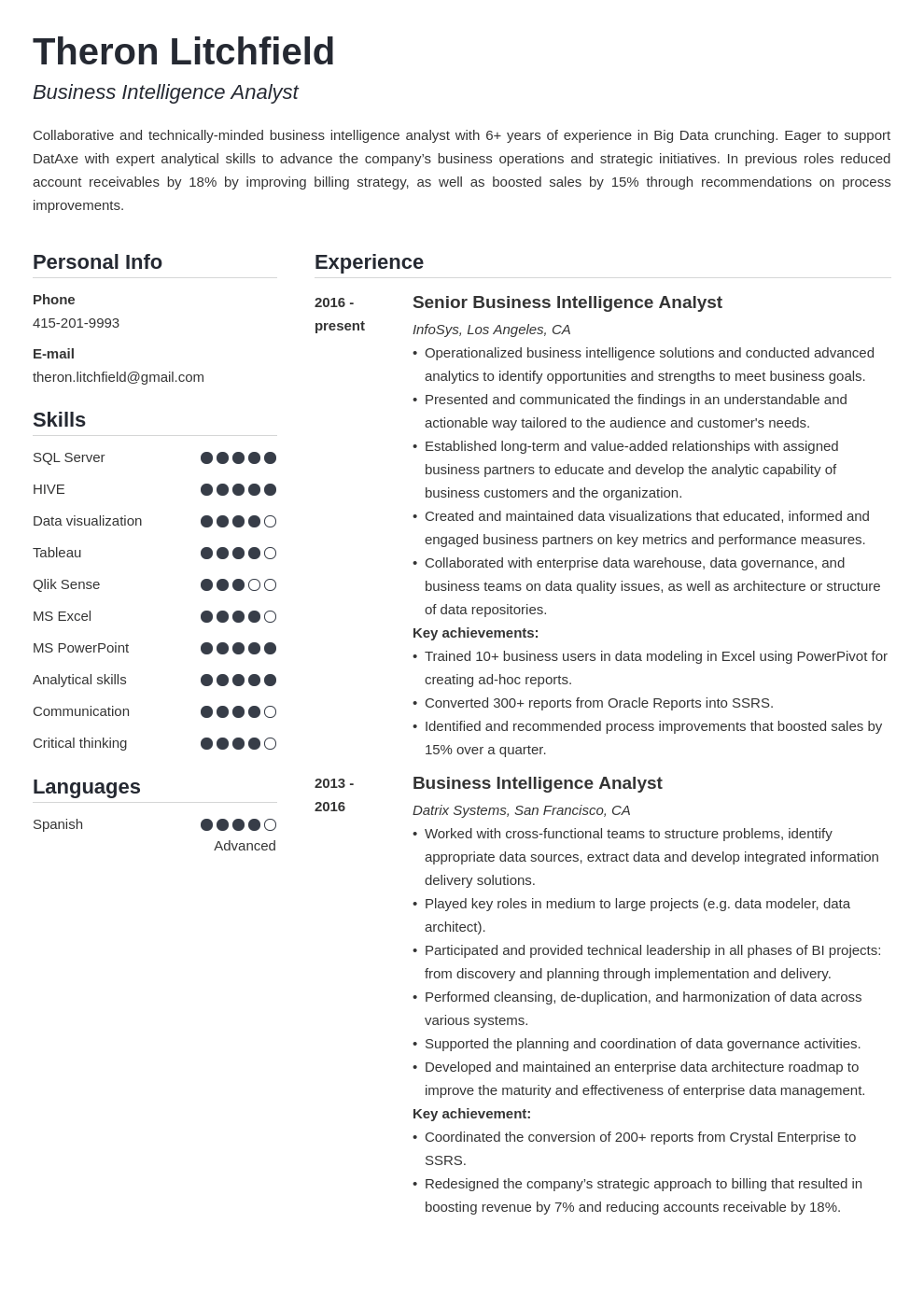 business intelligence resume example template simple