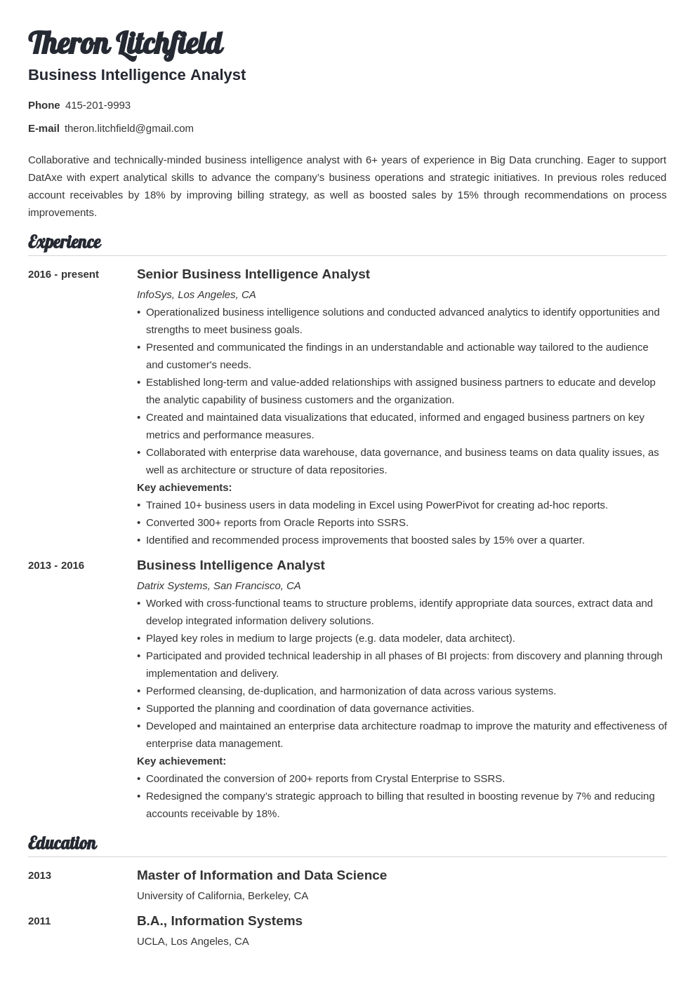 Business Intelligence Bi Analyst Resume Sample 2021