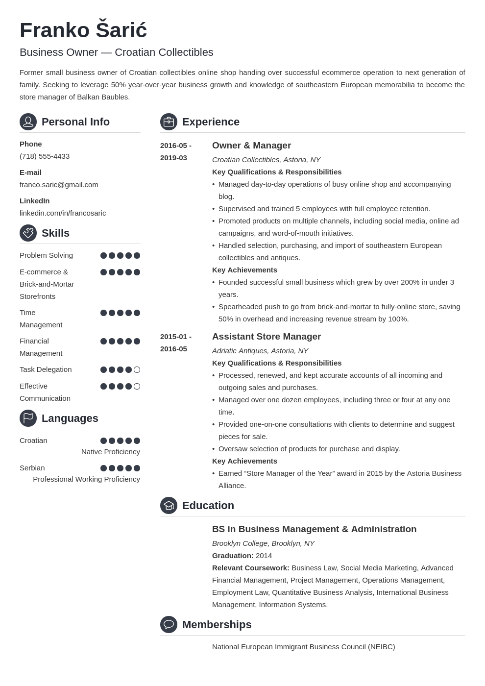 business owner resume example template crisp