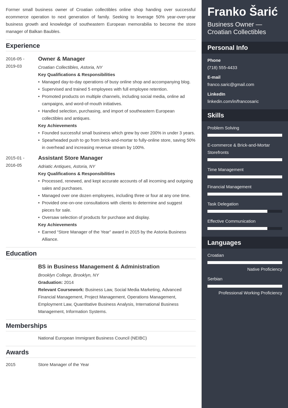 business owner resume example template enfold