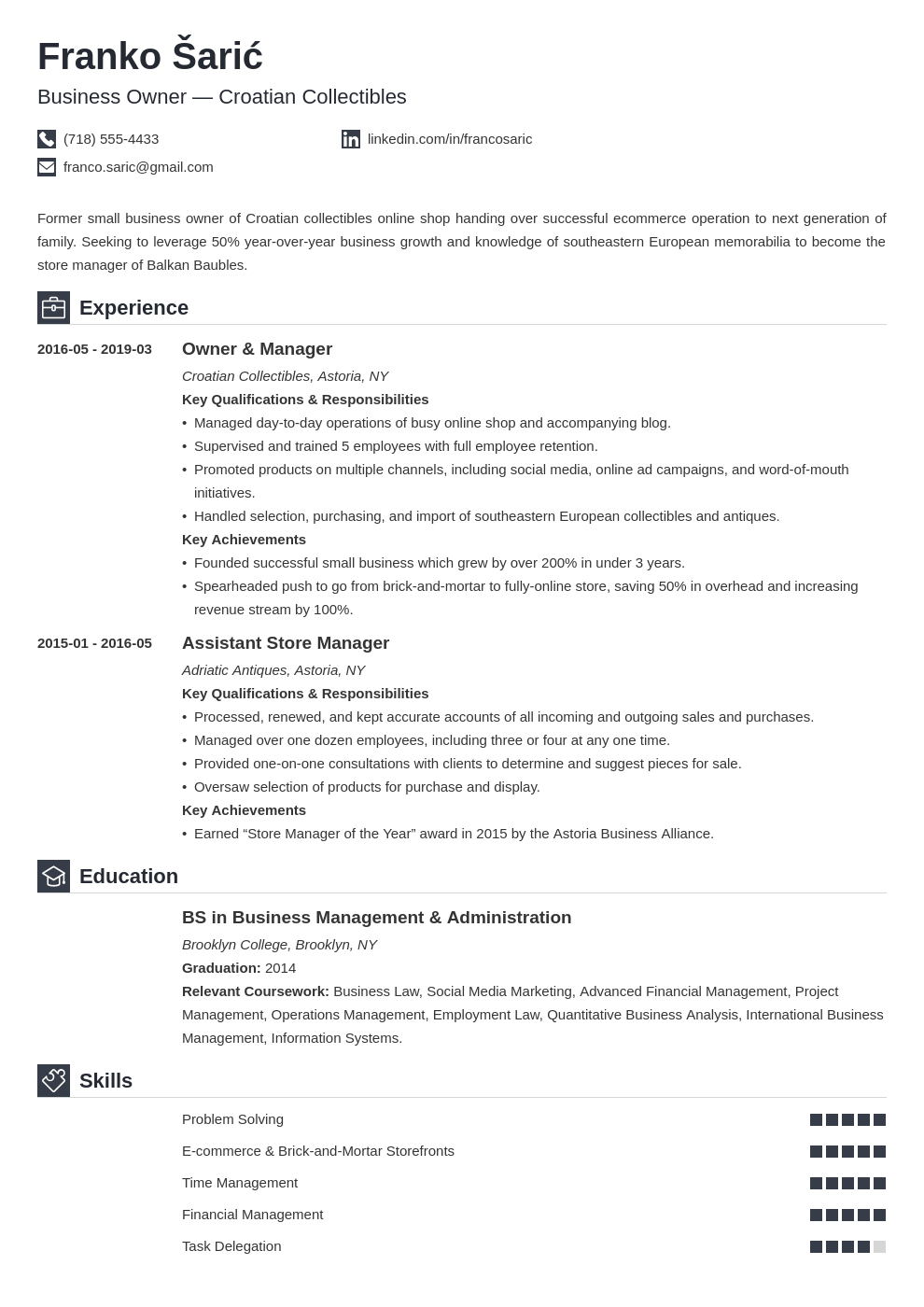 business owner resume example template iconic