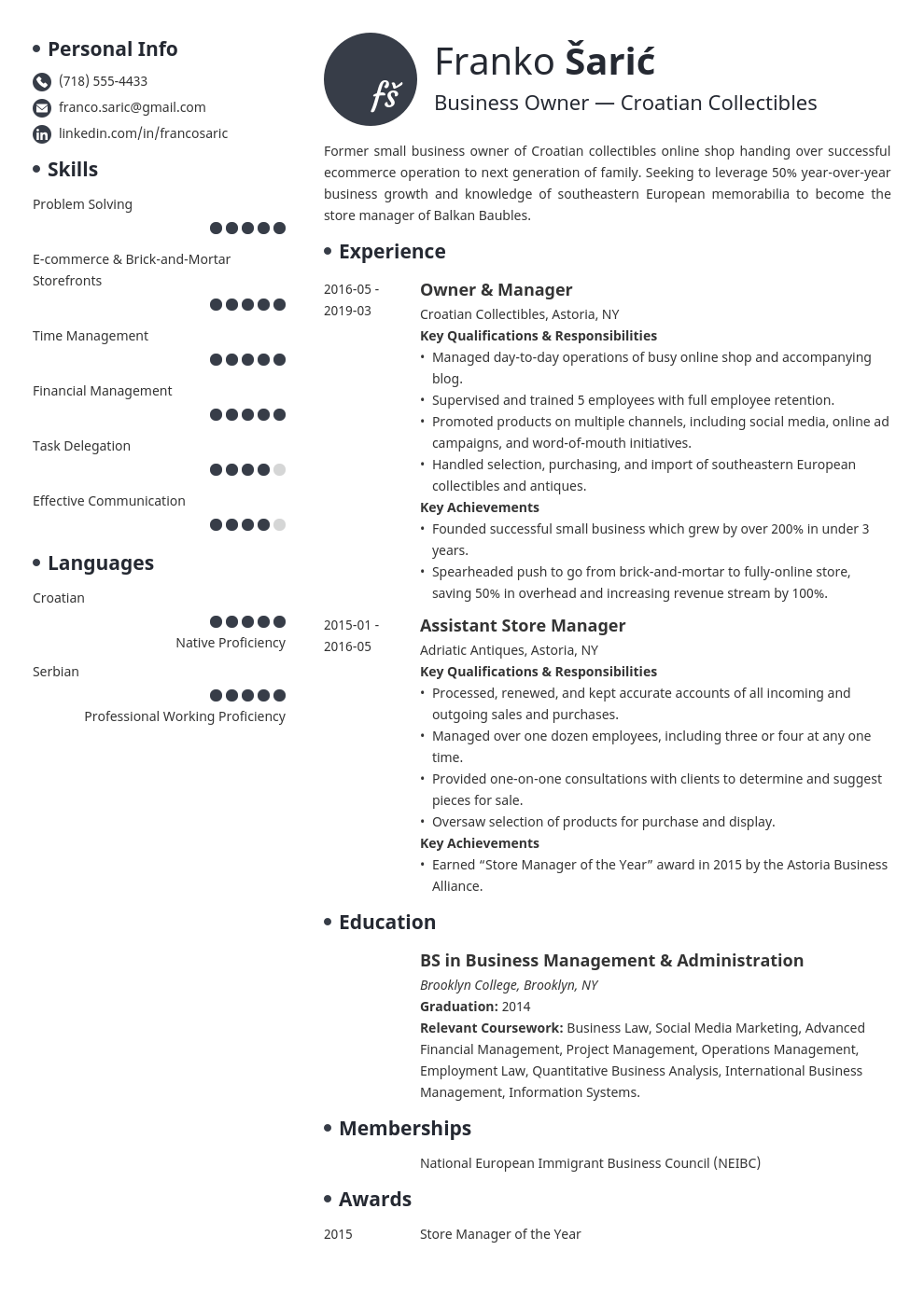business owner resume example template initials