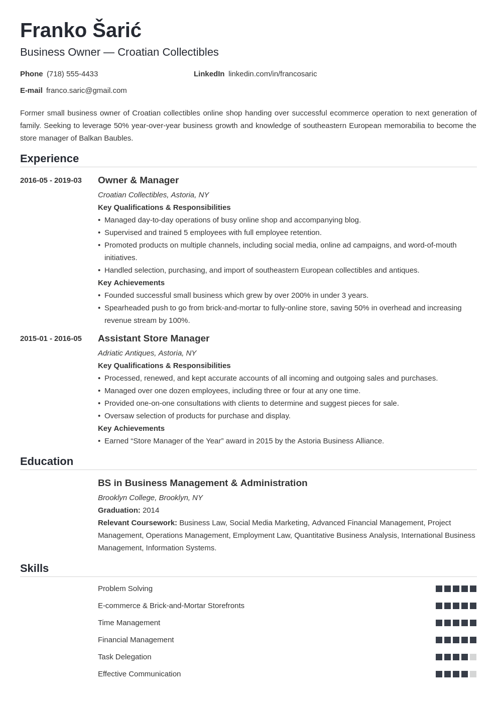 sample business owner resume