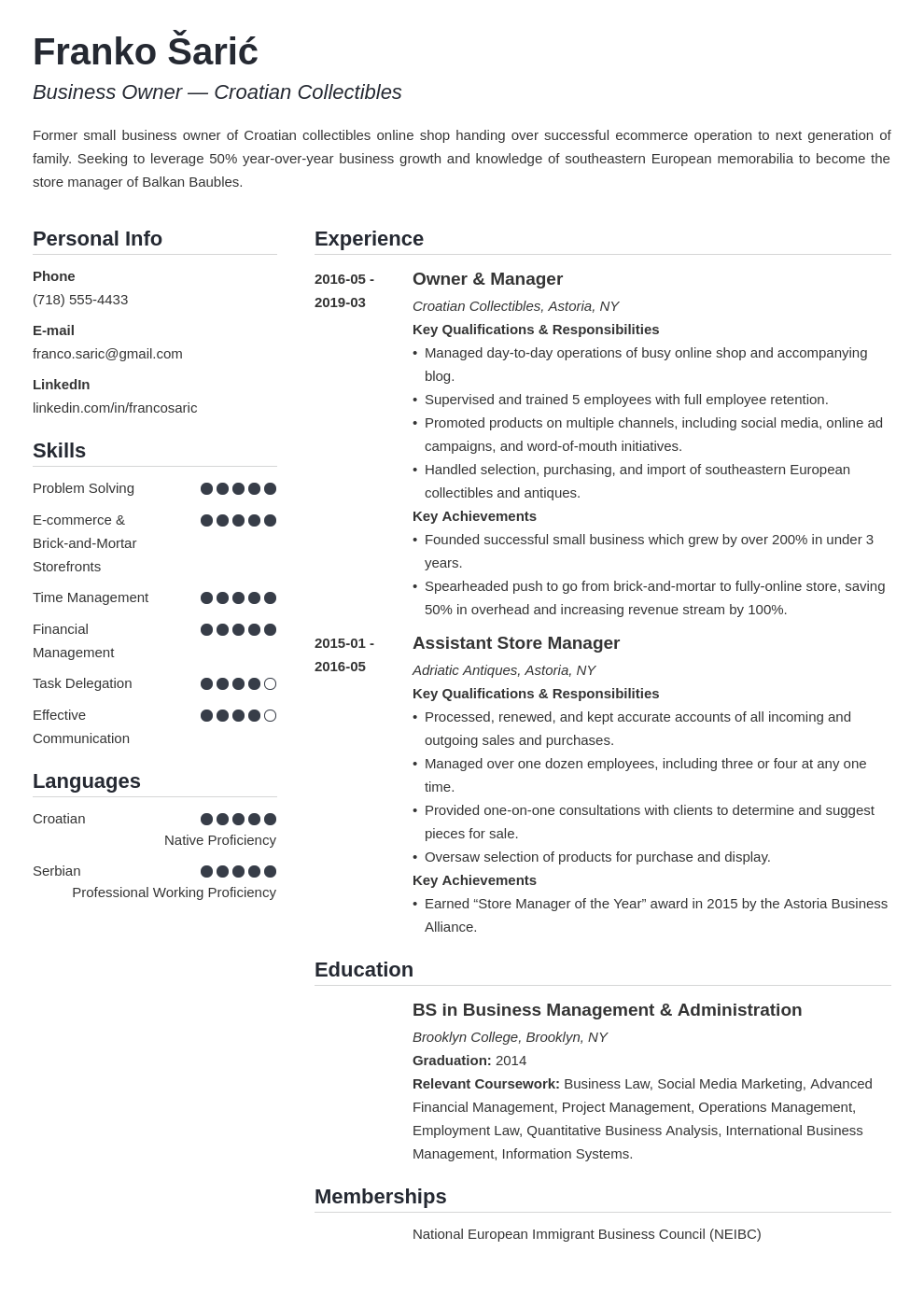 business owner resume example template simple
