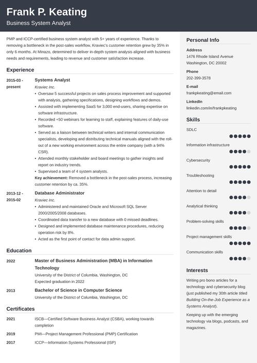 business system analyst resume example