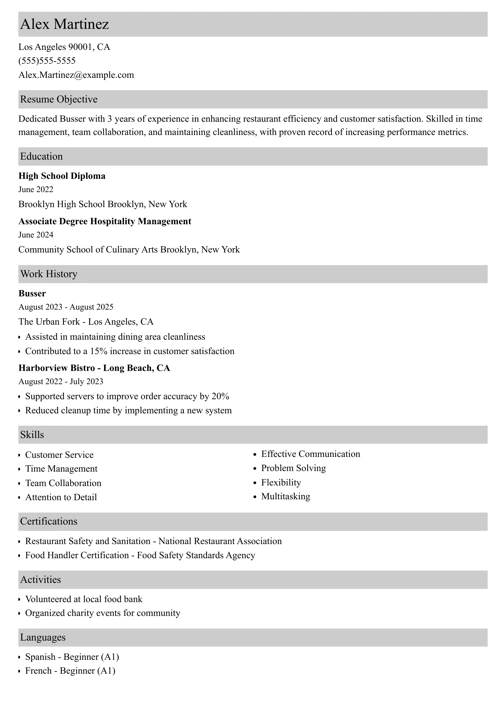 Busser Resume Sample