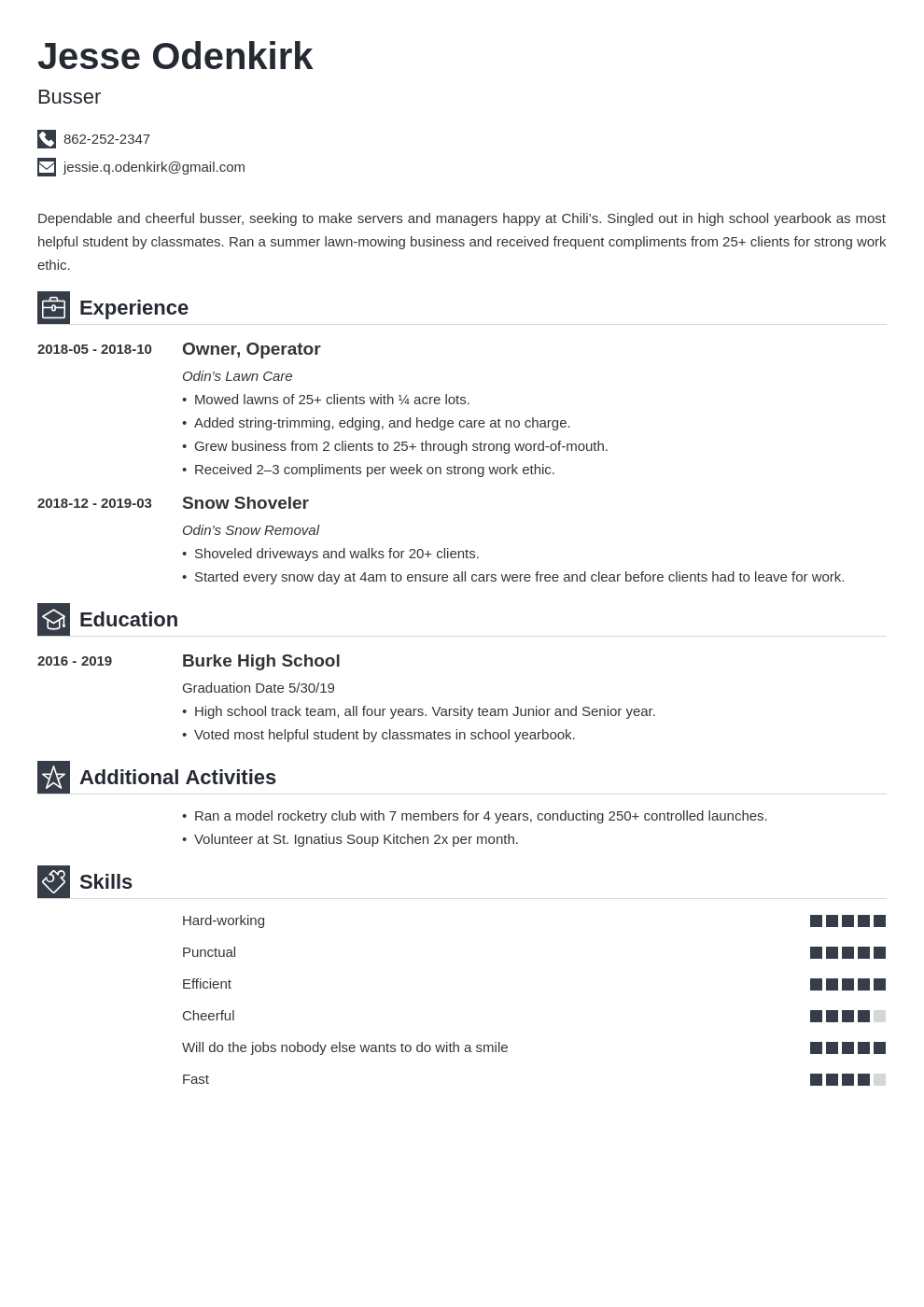 busser resume example template iconic