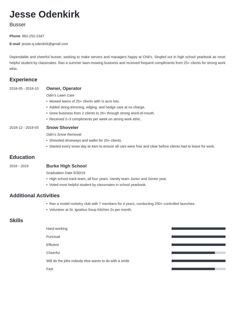 busser resume example template minimo