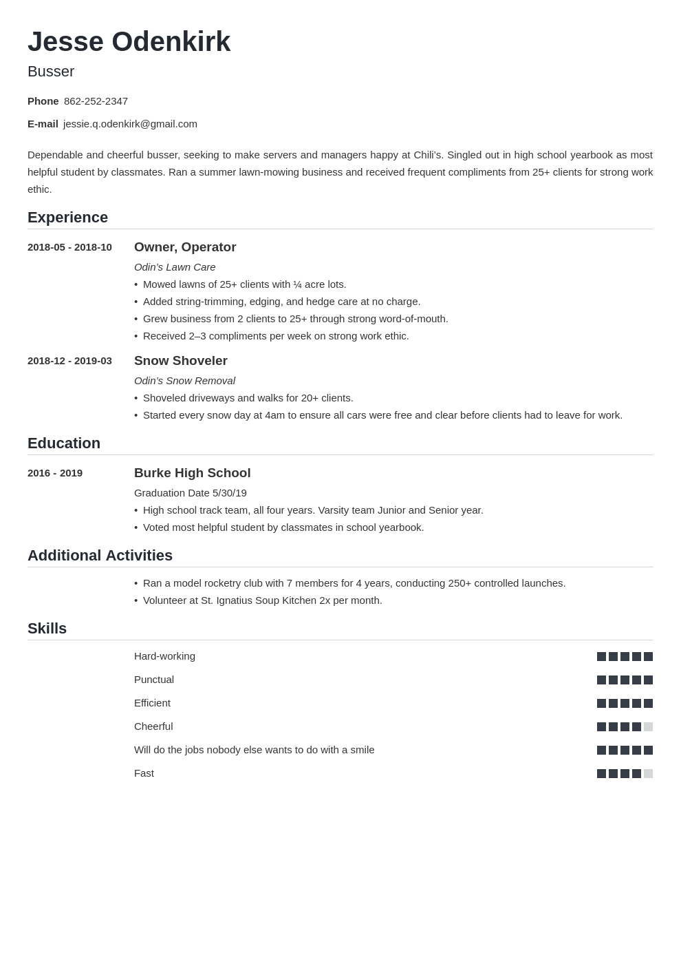 busser resume example template nanica