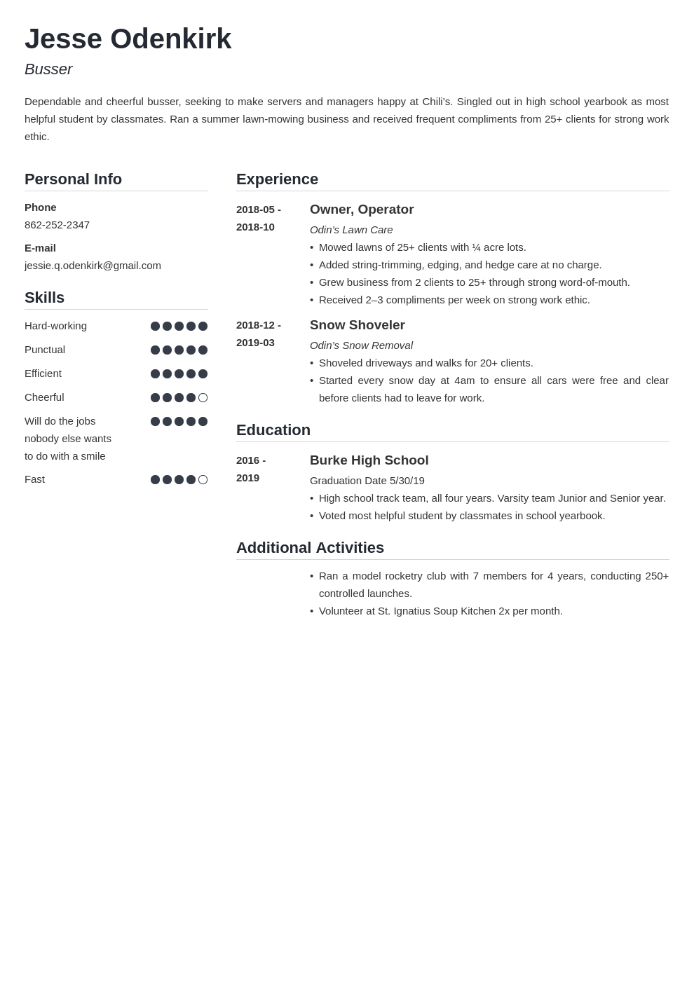 busser resume example template simple