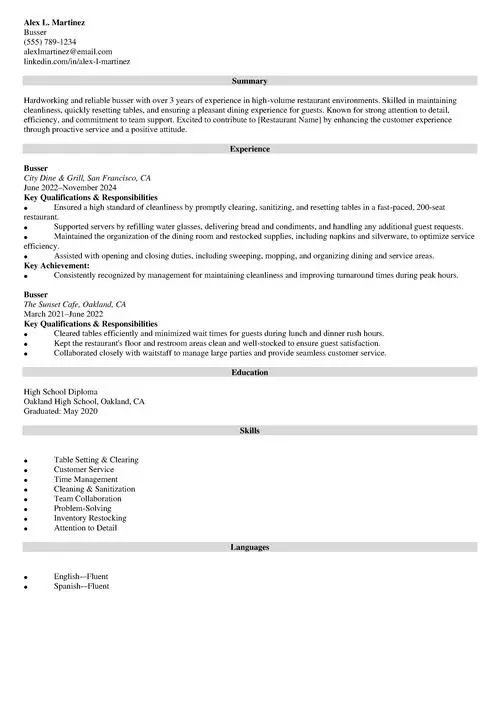 Busser Resume Sample