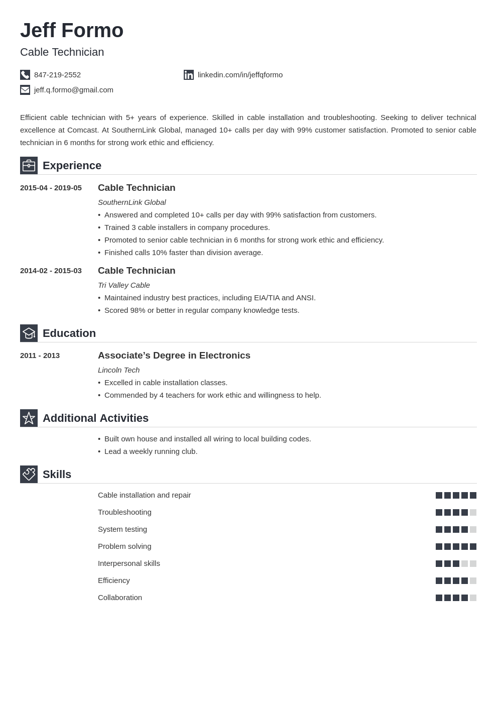cable technician resume example template iconic