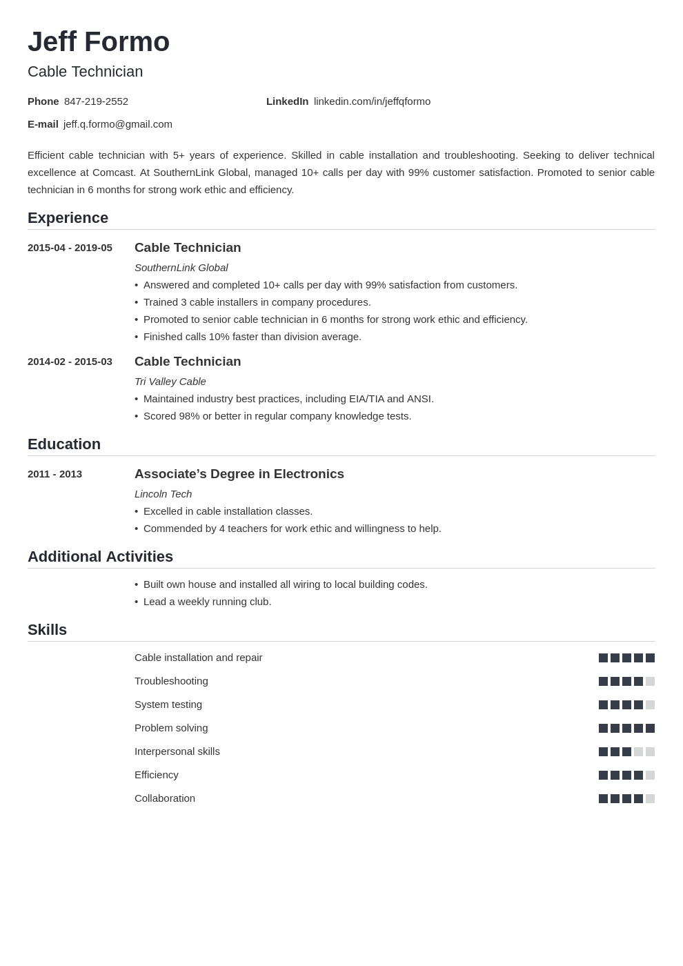cable technician resume example template nanica