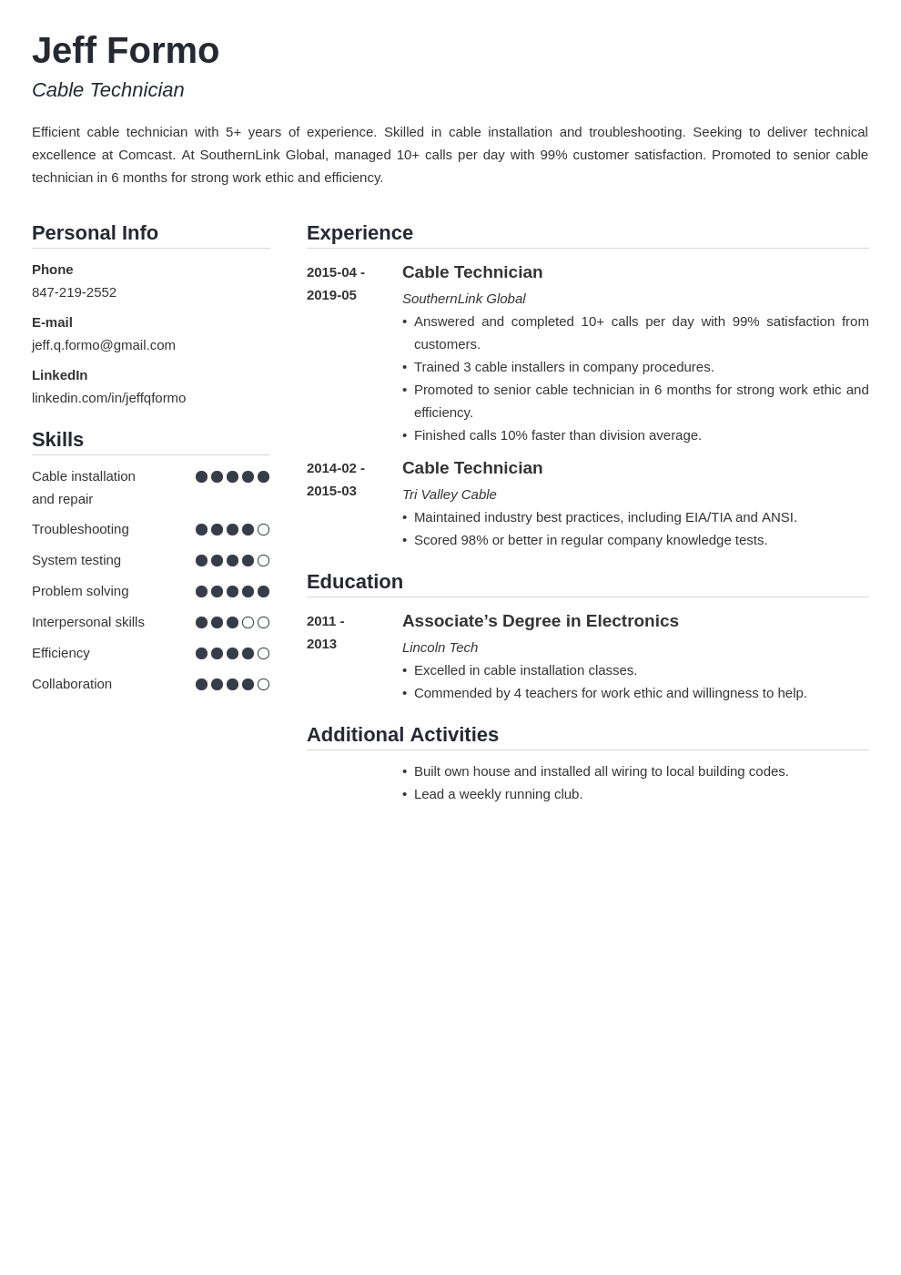 cable technician resume example template simple