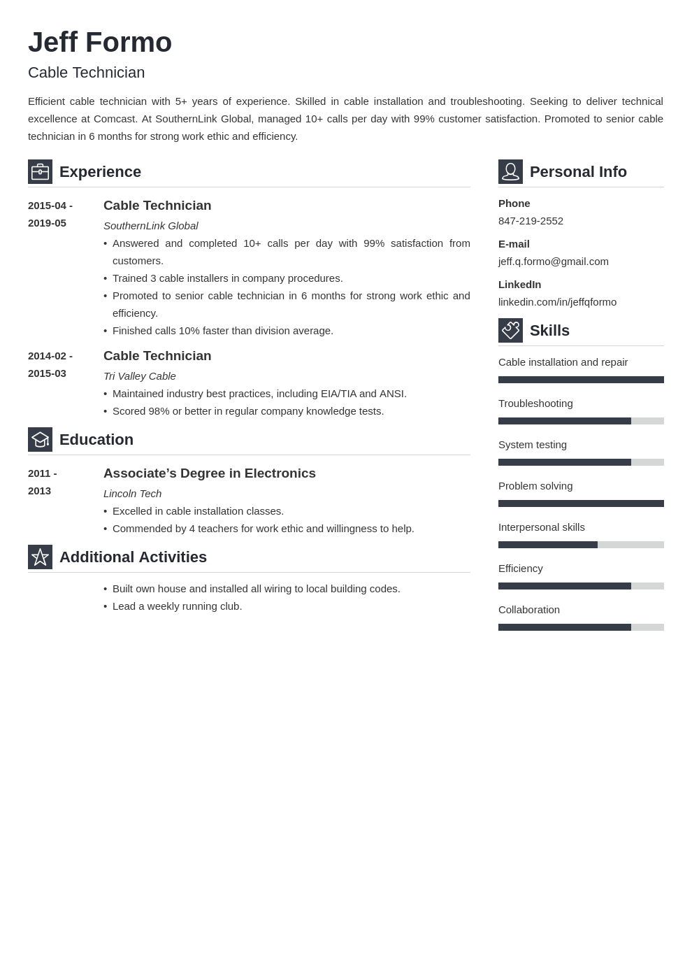 cable technician resume example template vibes