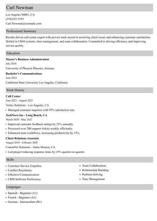 Call Center Resume Example