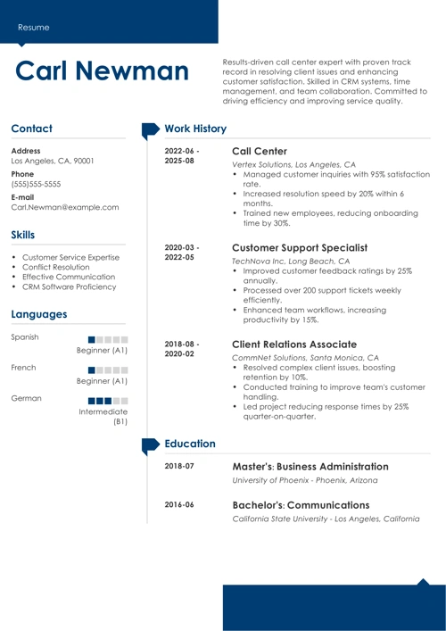 Call Center Resume Example
