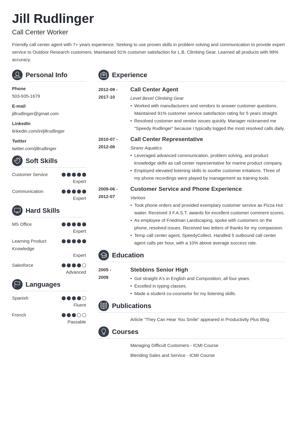 resume for call center jobs