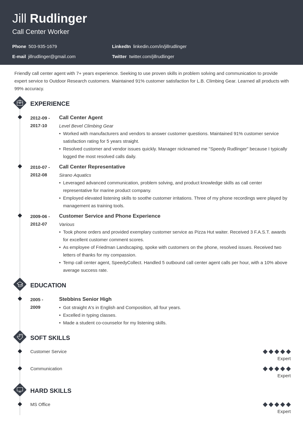 call center resume example template diamond