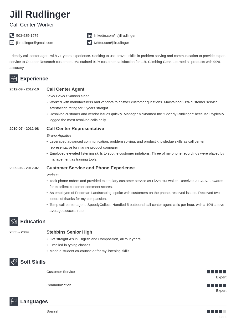 call center resume example template iconic