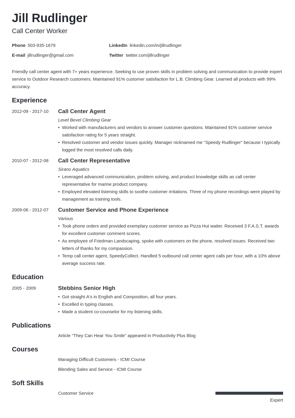 cv sample for call center jobs