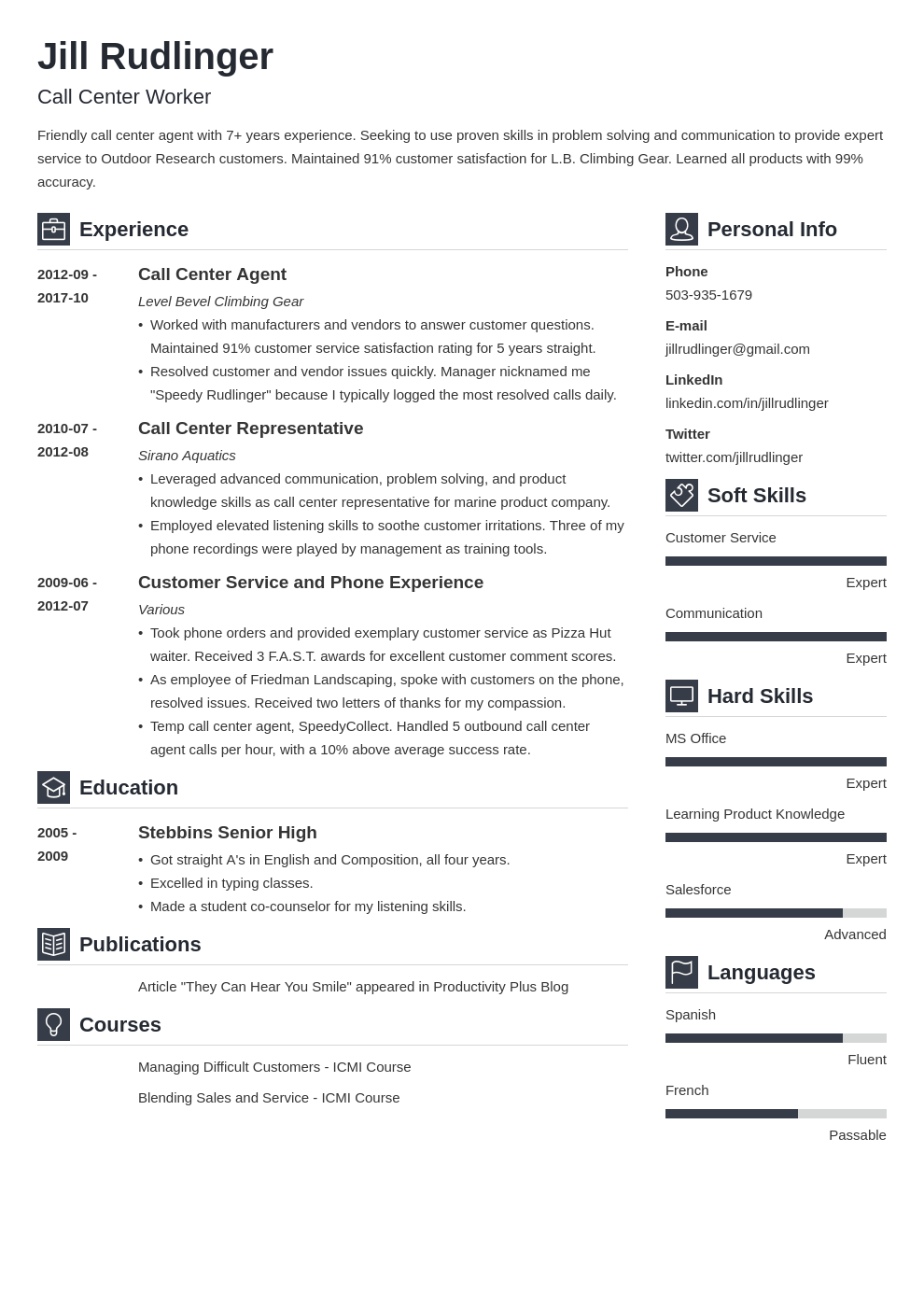 example of resume for applying call center agent