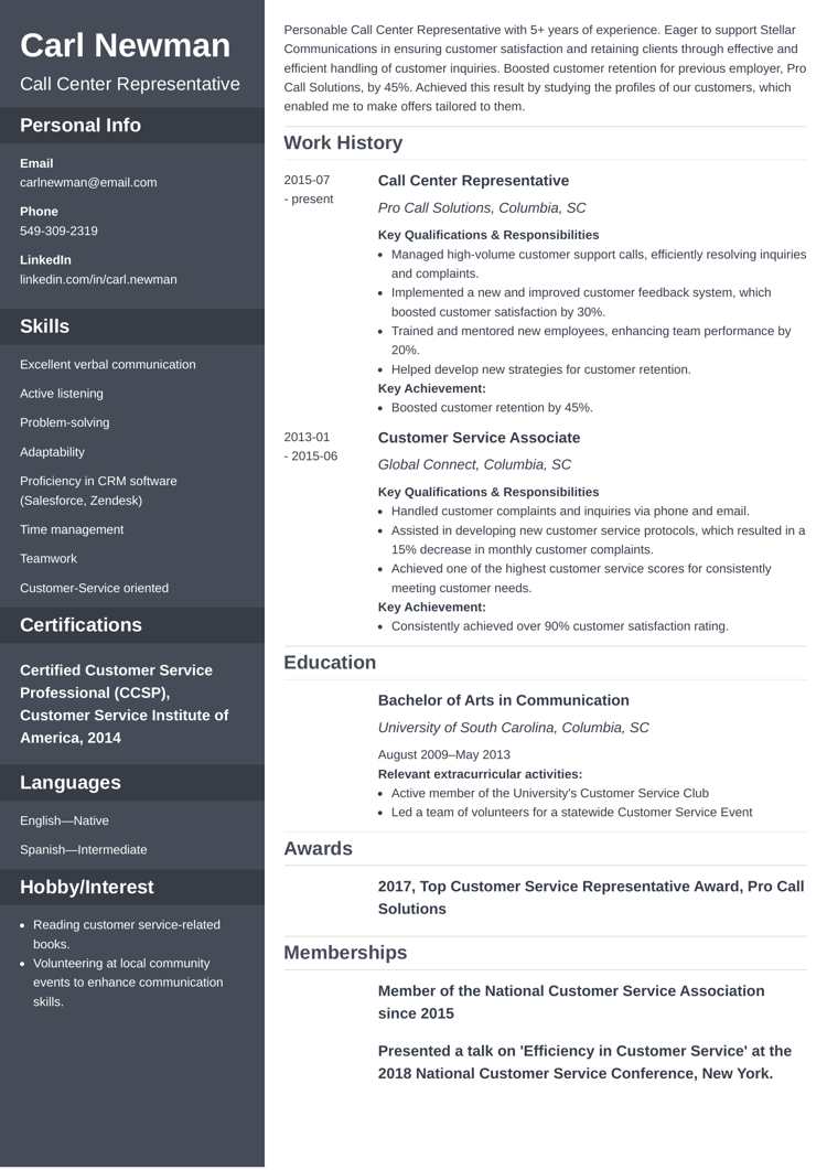 Call center resume template by Zety