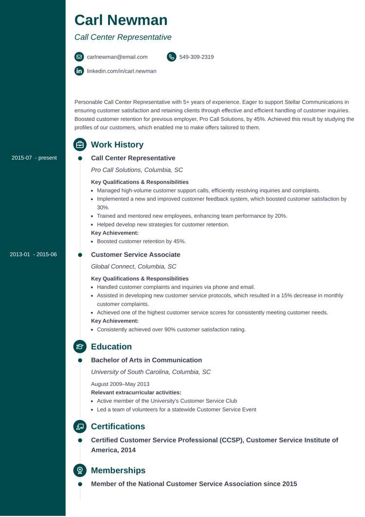 Call center resume template by Zety