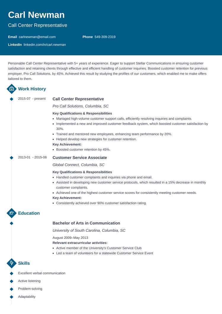 Call center resume template by Zety