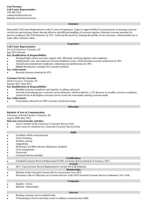 Call Center Resume Example