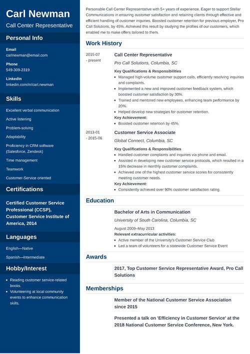 Call Center Resume Example