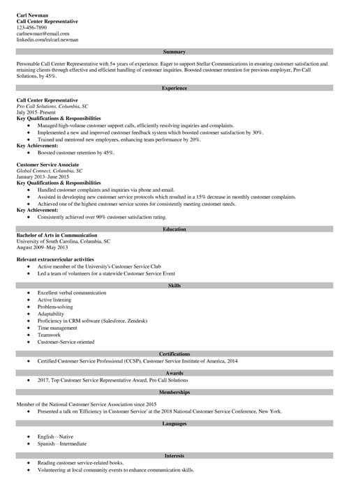 Call center resume example