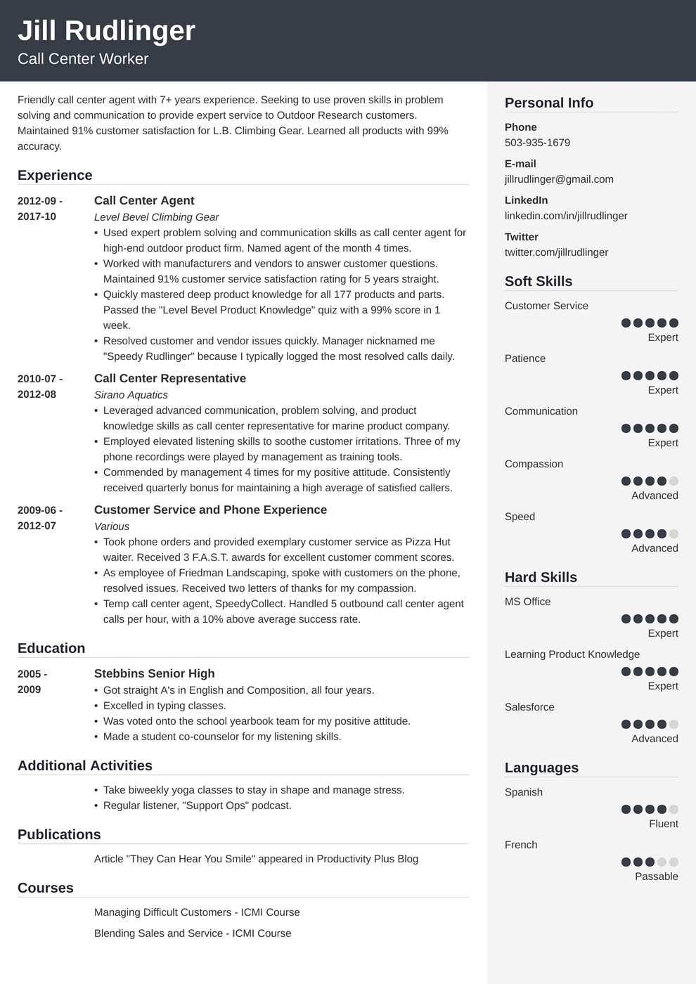 cv sample for call center jobs