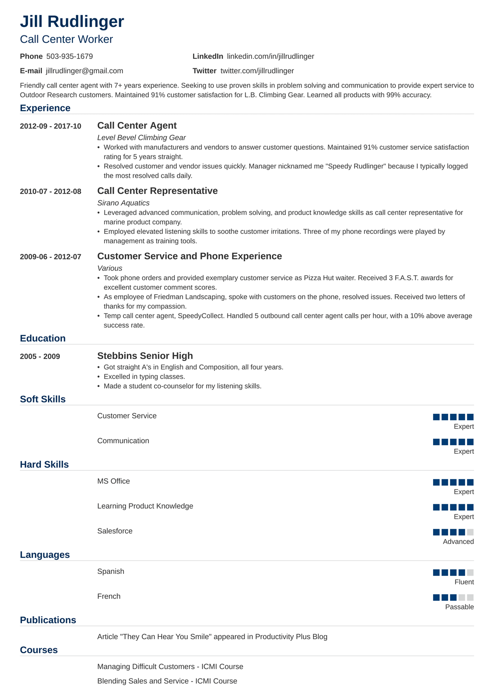 Call Center Resume Sample