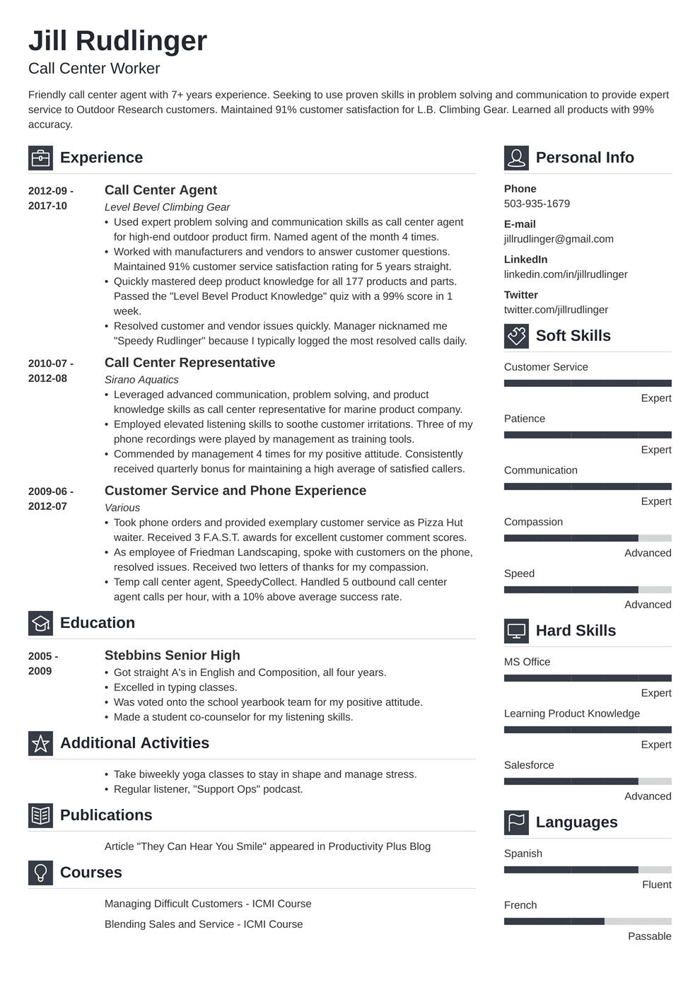 cv sample for call center jobs