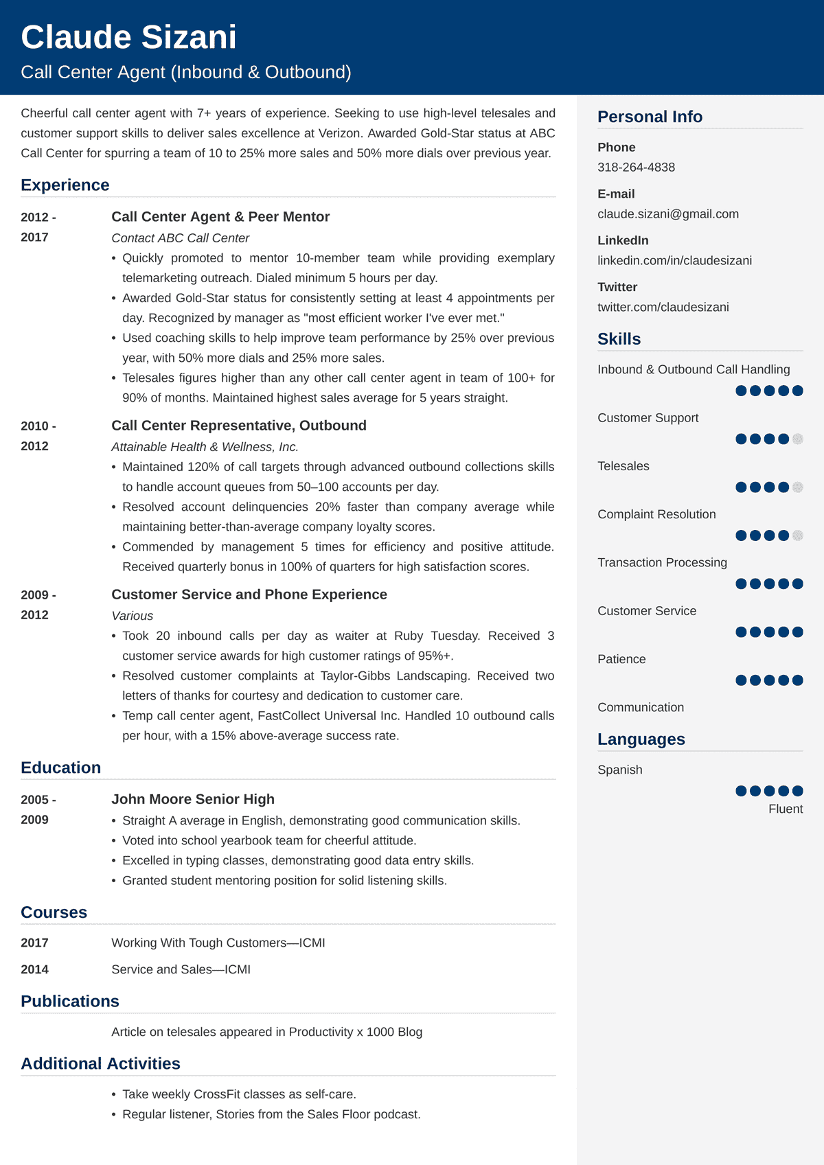 skills in resume for call center agent without experience