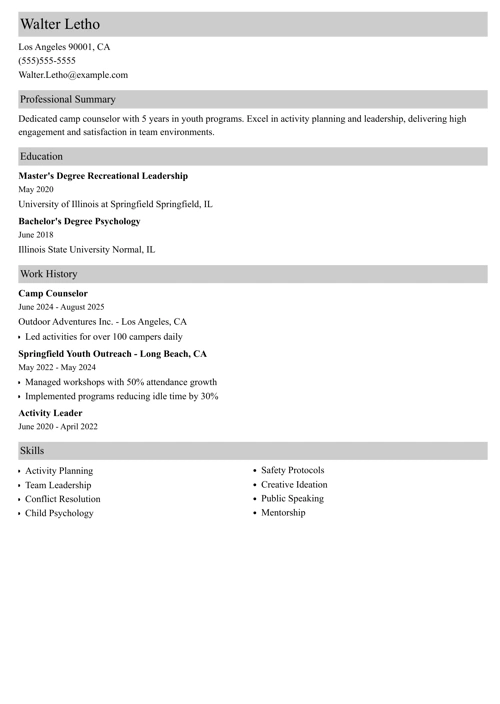 Camp counselor resume example