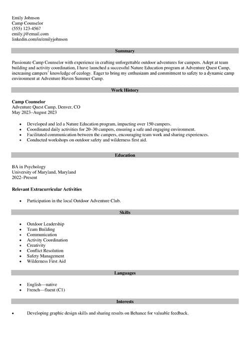 Example of a camp counselor job description for a resume