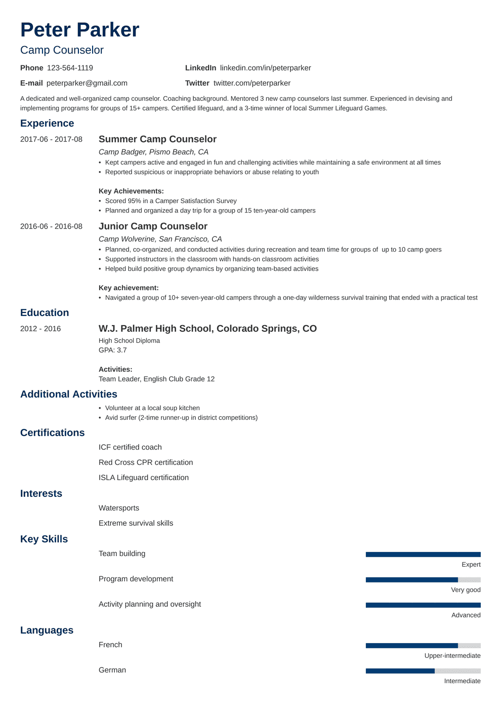 Camp Counselor Resume Samples Master of Template Document