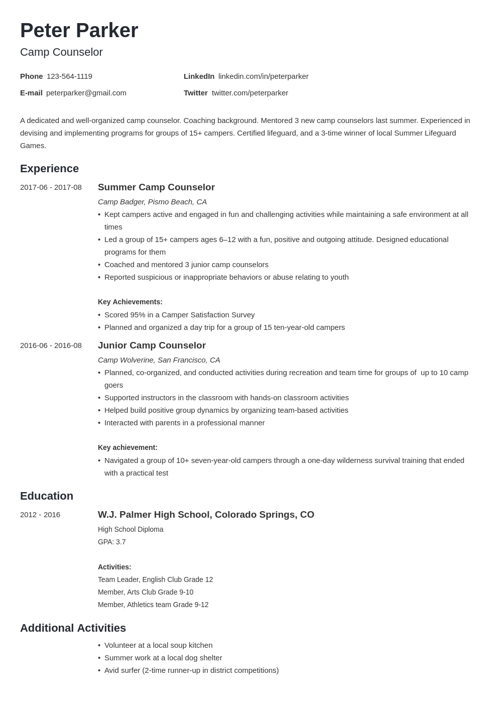 Camp Counselor Resume Samples Writing Guide