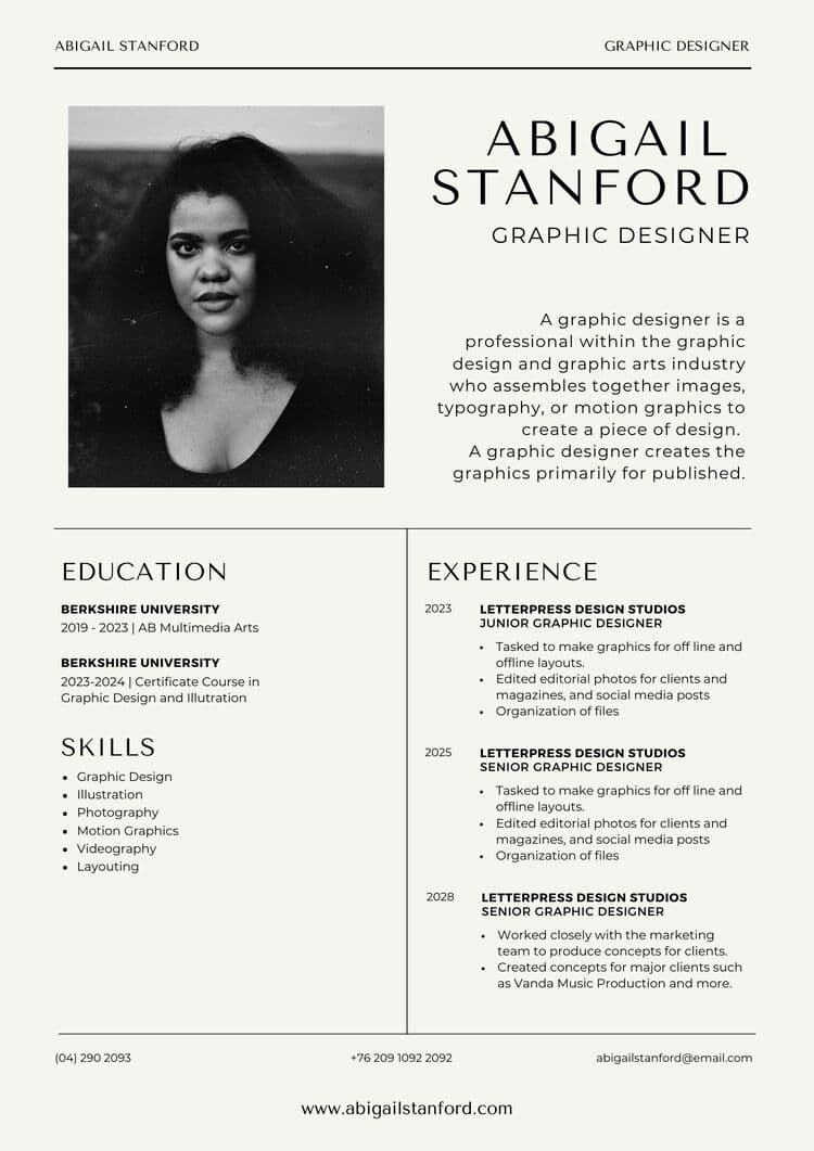 Black and White Modern Graphic Designer Resume by Canva Creative Studio